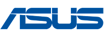Logo officiel ASUS bleu vif sur fond noir. Le nom de la marque informatique est inscrit en lettres stylisées et angulaires.