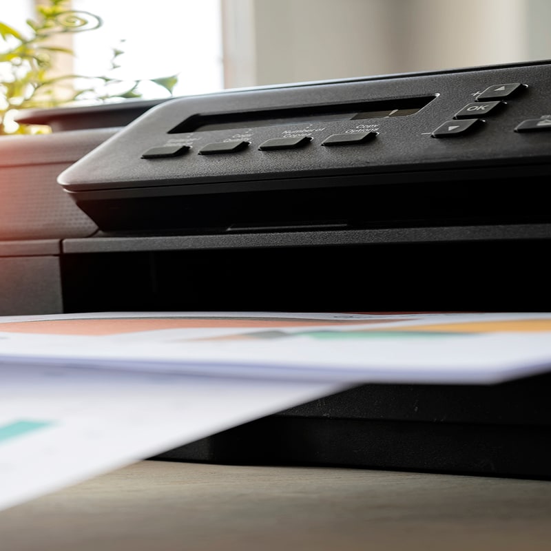 Imprimante de bureau noire imprimant des documents colorés avec graphiques. Panneau de contrôle avec 'Number of Copies' et 'Copy Options'.