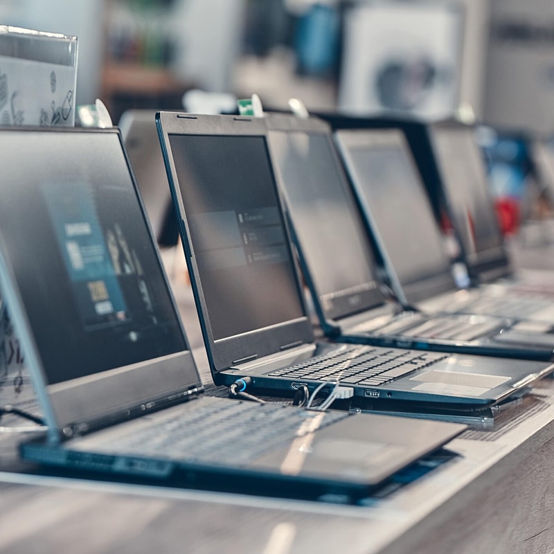 Ligne de laptops neufs en exposition dans un magasin. Le premier écran affiche une interface utilisateur active, les autres sont en mode veille.