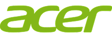 Logo Acer en lettres minuscules vertes vives et inclinées sur fond noir, représentant la marque de technologie informatique.