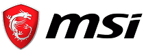 Logo MSI : bouclier rouge avec dragon blanc stylisé à gauche, et texte 'msi' en oblique à droite sur fond noir. Marque gaming.
